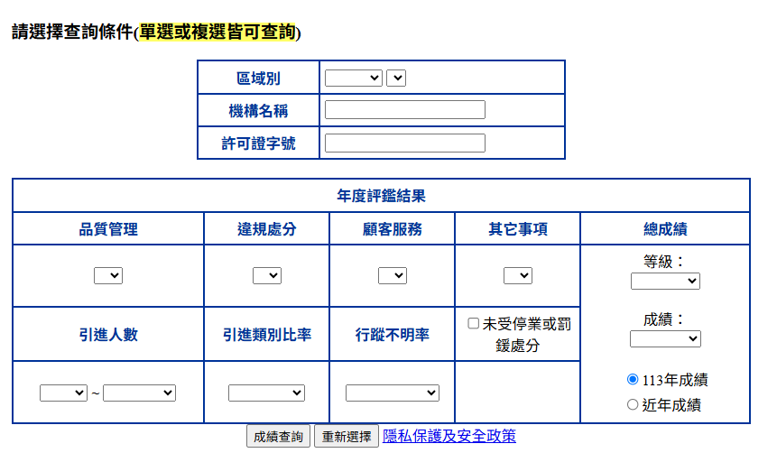 私立就業服務機構評鑑結果查詢系統